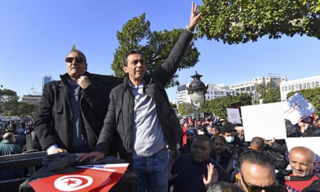 Ben M’barek gestures during a demonstration against the president, Kais Saied, in Tunis in 2021