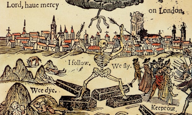 Death chases Londoners from their city, from a 17th century pamphlet on the effects of the plague.