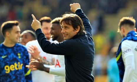 Tottenham’s manager Antonio Conte points at his players after the team sealed fourth place and a Champions League spot last Sunday.