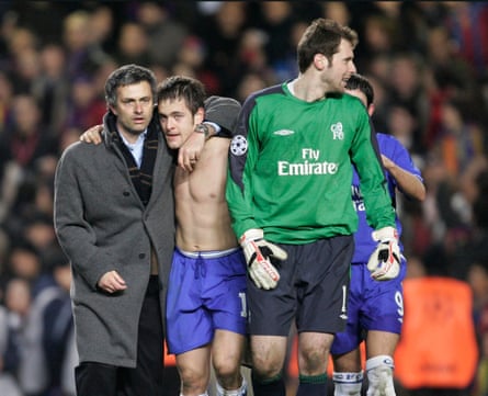 Cole and José Mourinho celebrate a Champions League last-16 victory against Barcelona in 2005.