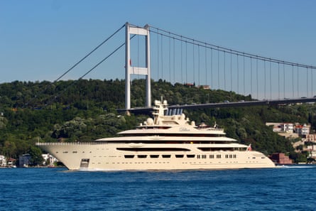 The Dilbar, a luxury yacht owned by the Russian billionaire Alisher Usmanov, sails in the Bosphorus in Turkey.
