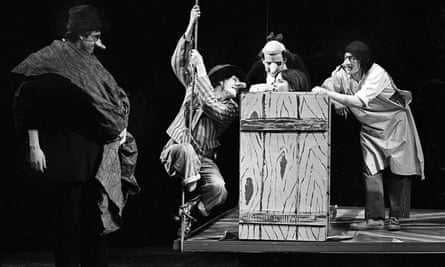Keith Johnstone’s play The Performing Giant, co-directed at the Royal Court by Johnstone and William Gaskill. From left, Roddy Maude-Roxby, Dennis Waterman, Jack Shepherd and William Stewart, with Lucy Fleming in the box.