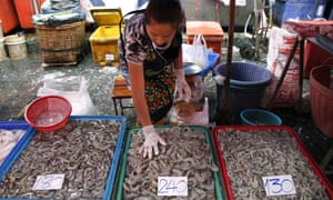 A fish-seller sorts shrimp at Klong Toey market in Bangkok. Activists claim that government measures have failed to end labour abuses in Thailand’s seafood industry