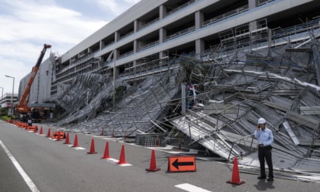 Damaged scaffolding at the construction site of a parking garage at Haneda airport following the passage of Typhoon Faxai.