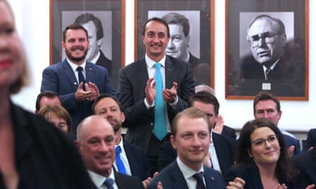 The new members for Herbert, Phillip Thompson, left, and Wentworth, Dave Sharma, are introduced by Scott Morrison to the Liberal party room
