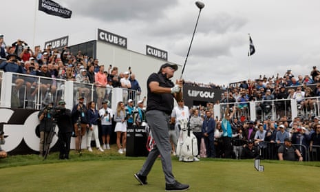 Phil Mickelson hits his tee shot on the first hole at the first LIV Golf Invitational tournament at the Centurion Club in Hemel Hempstead in 2022