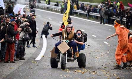 Protesters take part in a soap box race during the protests against the A69 motorway project.