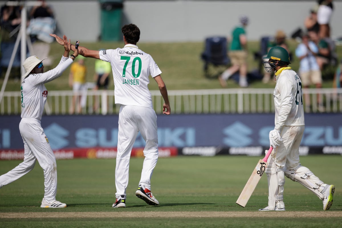 South Africa's Marco Jansen (C) celebrates the wicket of Australia's Nathan Lyon (R) who helped notch up the second highest ninth wicket partnership of 134 runs.