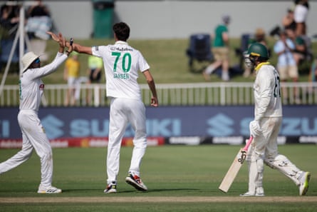 South Africa's Marco Jansen celebrates the wicket of Australia's Nathan Lyon who helped notch up the second highest ninth wicket partnership of 134 runs