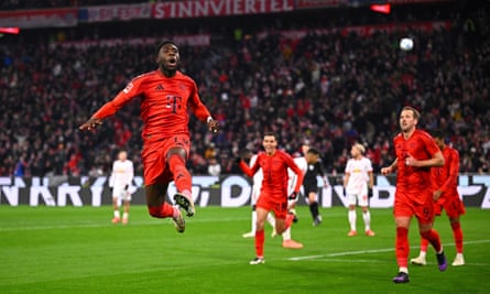 Alphonso Davies takes flight after scoring Bayern’s fifth goal against Leipzig.
