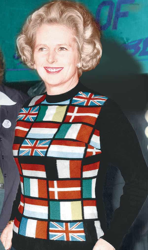 Margaret Thatcher wears a jumper bearing European flags at pro-market rally in 1975.