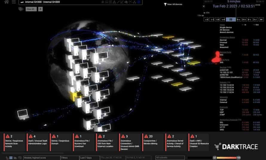 The Darktrace threat visualiser, providing a graphical visualisation of the spread of unusual activity from an infected device.