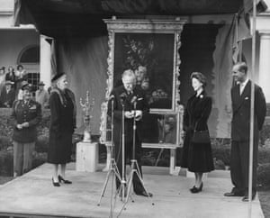 Princess Elizabeth, Prince Philip And Harry TrumanPrincess Elizabeth and Prince Philip smile as President Harry Truman gives a speech and Gen Harry Vaughan looks on, in Washington DC, 5 November 1951