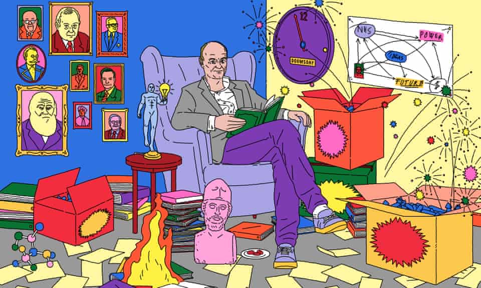 illustration of dominic cummings in an armchair among his many intellectual inspirations