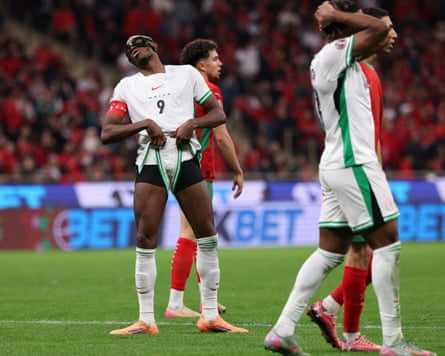 Nigeria forward Victor Osimhen reacts to a missed chance.