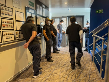 Hantavirus ShipCrew members of the MV Hondius wait their turns for interviews with epidemiologists on 6 May 2026.