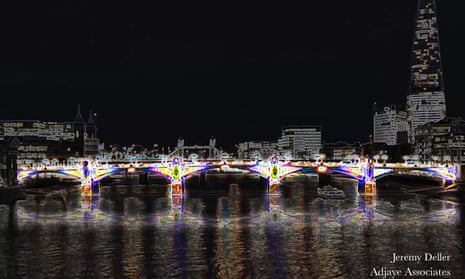 Jeremy Deller’s Day Glow Bridge (Southwark Bridge) for Adjaye Associates, one of the shortlisted proposals