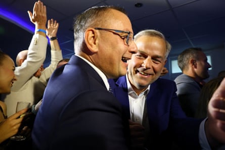 The AfD’s co-chair, Tino Chrupalla, react as he hears the first results of the Mecklenburg-Western Pomerania state election in Schwerin