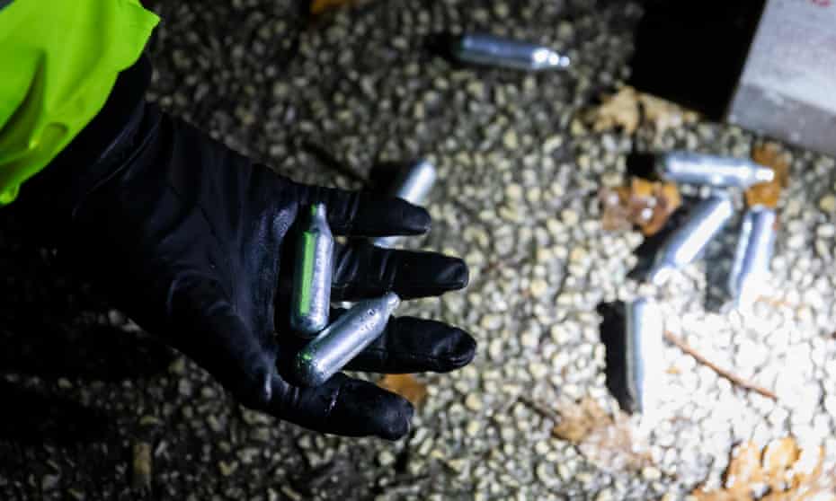 Metal canisters used to contain nitrous oxide, discarded by users in Solihull.