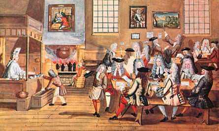 A painting of the Restoration Coffee House in London from 1668.