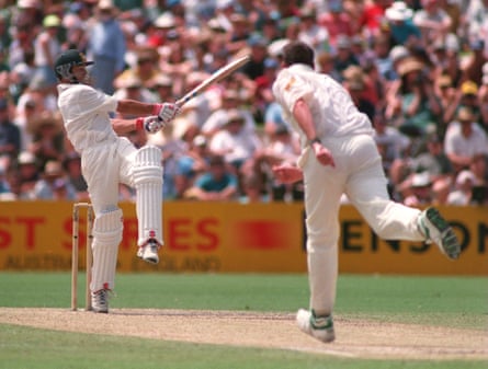 Greg Blewett pulls Angus Fraser for four during his hundred on Test debut against England at Adelaide Oval in January 1995.
