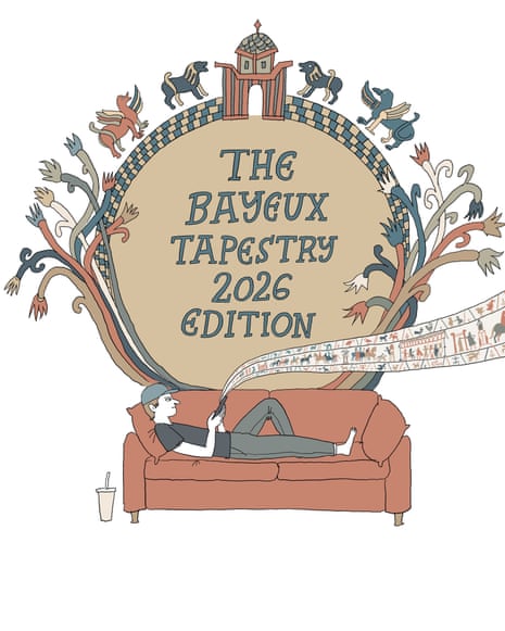 An illustration of a man lying on a sofa on the modern take of the tapestry on his phone with 'The Bayeux Tapestry 2026 Edition' embroidered on material on the wall behind him