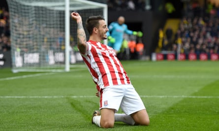 Joselu celebrates scoring during the Premier League match between Watford and Stoke at Vicarage Road on 19 March 2016