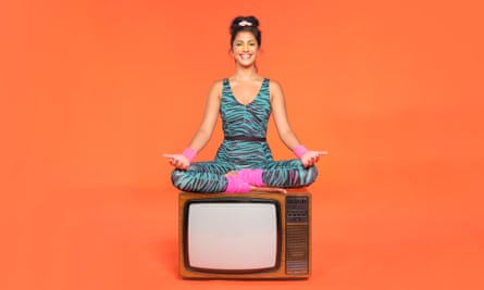 Box set: sitting in front of the telly is an ideal time to stretch out your muscles. Model wears unitard by fabletics.co.uk.