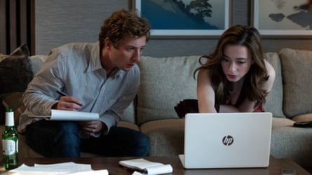 Rattles along at an entertaining clip … Jeremy Allen White as Jeff Horwitz and Mikey Madison as Frances Haugen in The Social Reckoning.