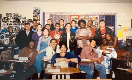Kausam Salam (middle in blue shirt) and her senior English class in 2001 at Cypress Falls high school in Houston, Texas.