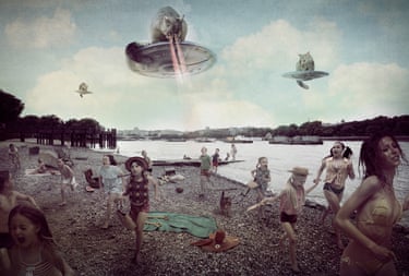 Invasion (UFO possums) 2017. Children and sunbathers on a river or rocky beach running from possums riding UFOs. The possums are firing lasers from their eyes.