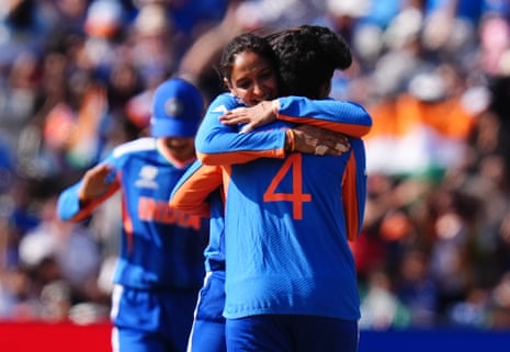 India's Harmanpreet Kaur celebrates taking the wicket of Pakistan's Saira Jabeen.