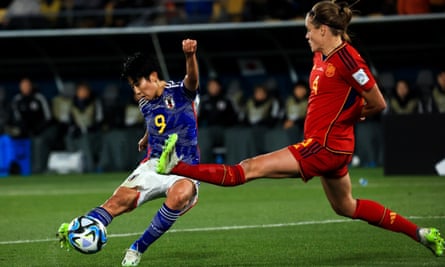 Riko Ueki scores via a deflection off the Spain defender Irene Paredes.