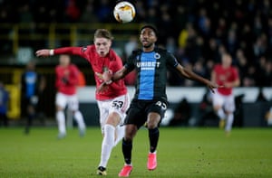Emmanuel Bonaventure outpaced Brandon Williams to give Club Brugge the lead from a Simon Mignolet pass.