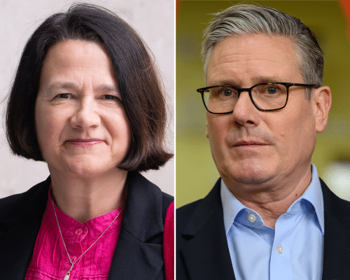Side-by-side portrait photographs of Catherine West in a bright pink shirt and Keir Starmer wearing glasses.