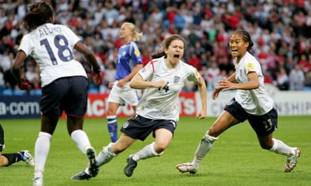 Karen Carney celebrates her injury-time winner against Finland in England’s opening game of Euro 2005