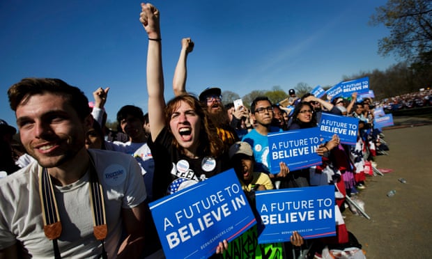 Supporters cheer for Bernie Sanders at a presidential campaign rally in Prospect Park in Brooklyn, New York on 17 April 2016.