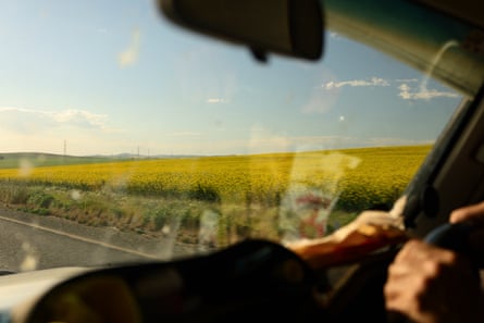 Canola fields whiz past as Mike drives through in South Australia.