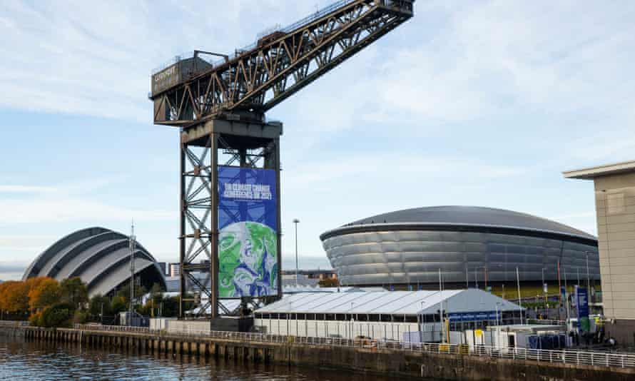 A Cop26 banner at the conference site on the banks of the Clyde