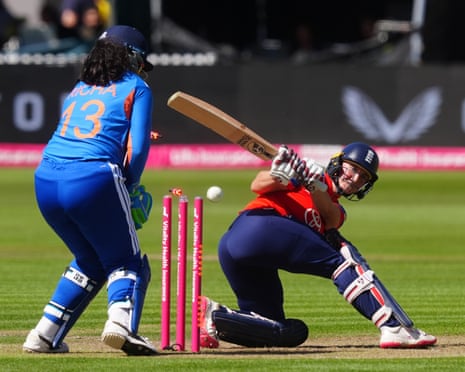 England’s Alice Capsey is bowled by India’s Shreyanka Patil.