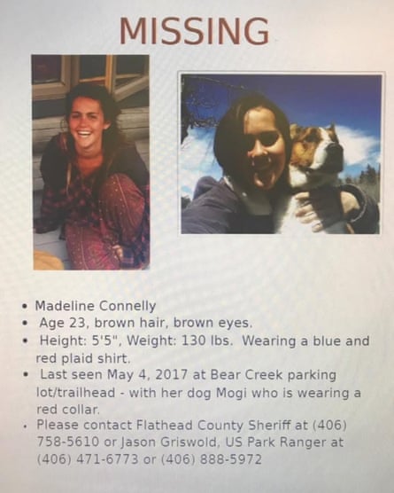 A missing poster feature two pictures of a 23-year-old woman and her dog