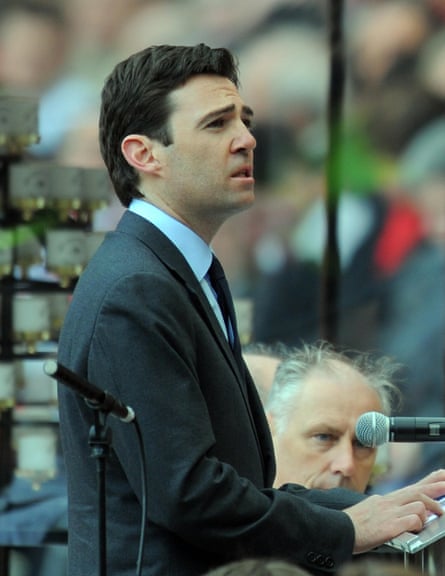 Andy Burnham speaks at Anfield during a memorial service to mark the 20th anniversary of Hillsborough