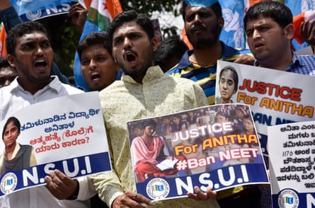NSUI activists stage a demonstration in demand of justice for Anitha and ban of Neet on 4 September 2017 in Bengaluru, India.