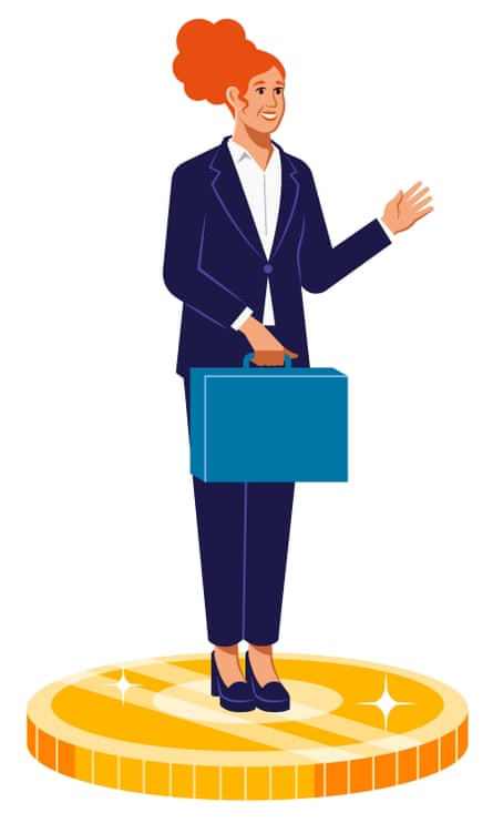 Woman in professional suit with briefcase standing on large gold coin
