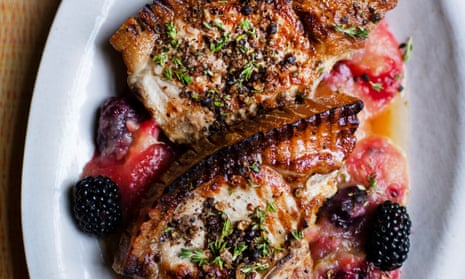 ‘Taste the sauce as you go, you may want to add a little sugar’: pork chops, blackberries and juniper salt.