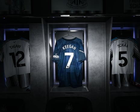 A Keegan shirt hangs inside Newcastle’s home dressing room, alongside the current first-time players.