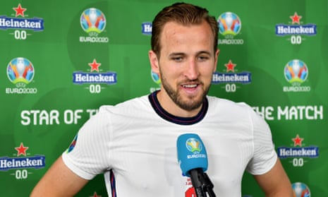 Harry Kane of England speaks to the media after receiving his star of the match award.