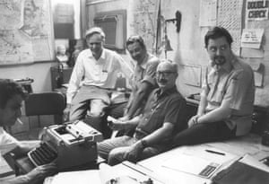 Five past, present, and future Saigon bureau chiefs in the AP office, April 28, 1972. From left, at typewriter, George Esper; Malcolm Browne; George McArthur; Edwin Q. White; and Richard Pyle. The first four all would die within a fourteen-month period in 2012-13, leaving Pyle as the only survivor