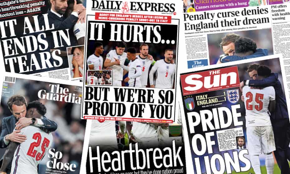 The newspaper front pages after England’s defeat in the Euro 2020 final