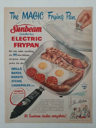 A vintage advertisement for the electric frypan highlighting its ability to grill, bake, roast and makes stews and casseroles. 